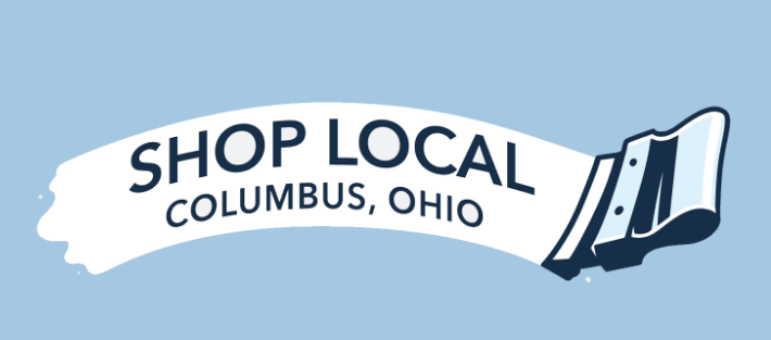 Graphic with a blue background displaying a white banner that says "Shop Local Columbus, Ohio" with an open book illustration nearby.