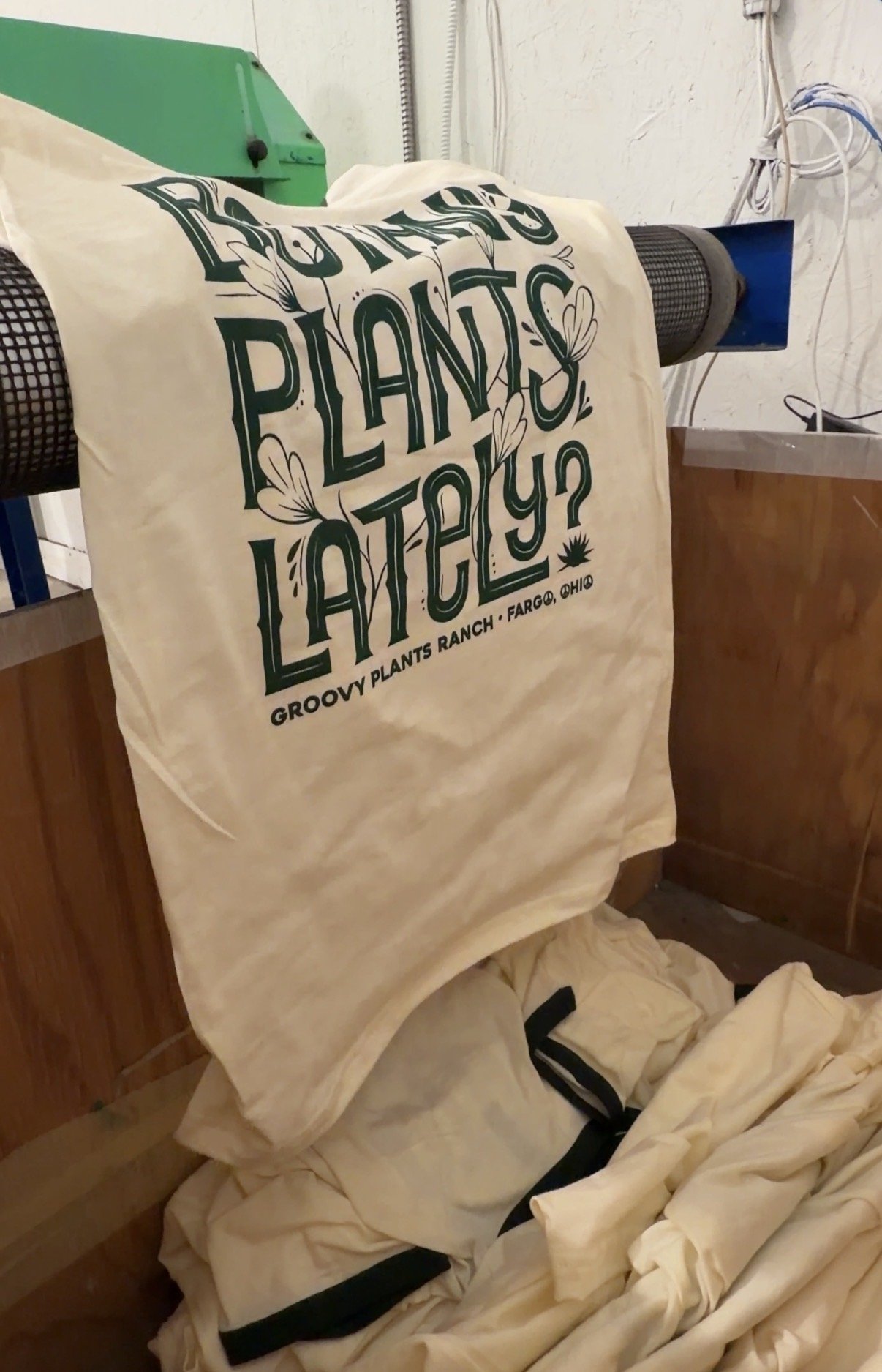 Heat conveyor curing screen printed shirts.