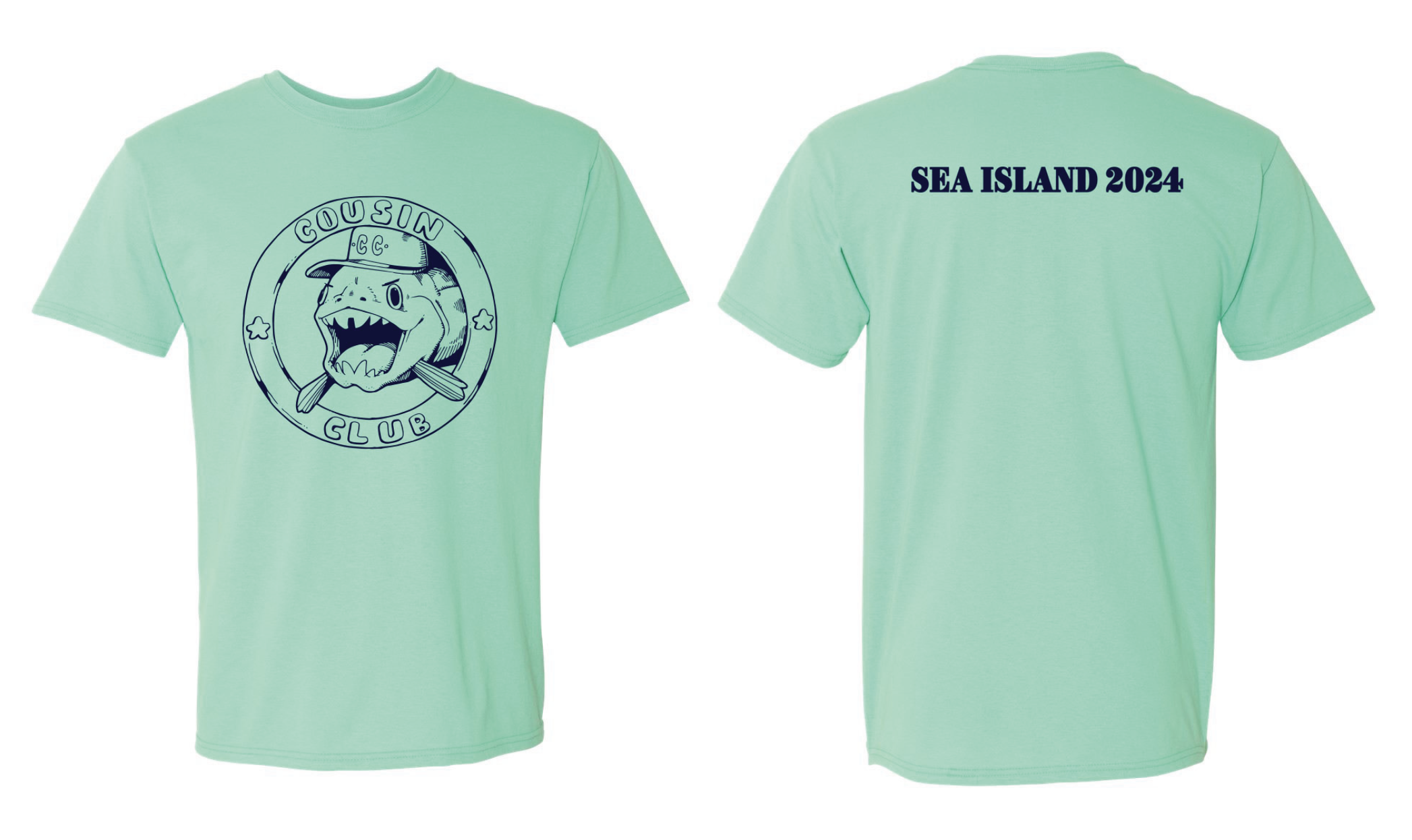 Mock up of custom cousin club t-shirt design.