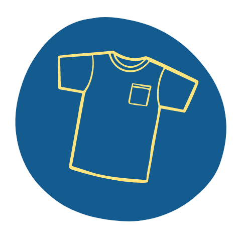 Illustration of a yellow-outlined T-shirt with a pocket on a dark blue circular background.
