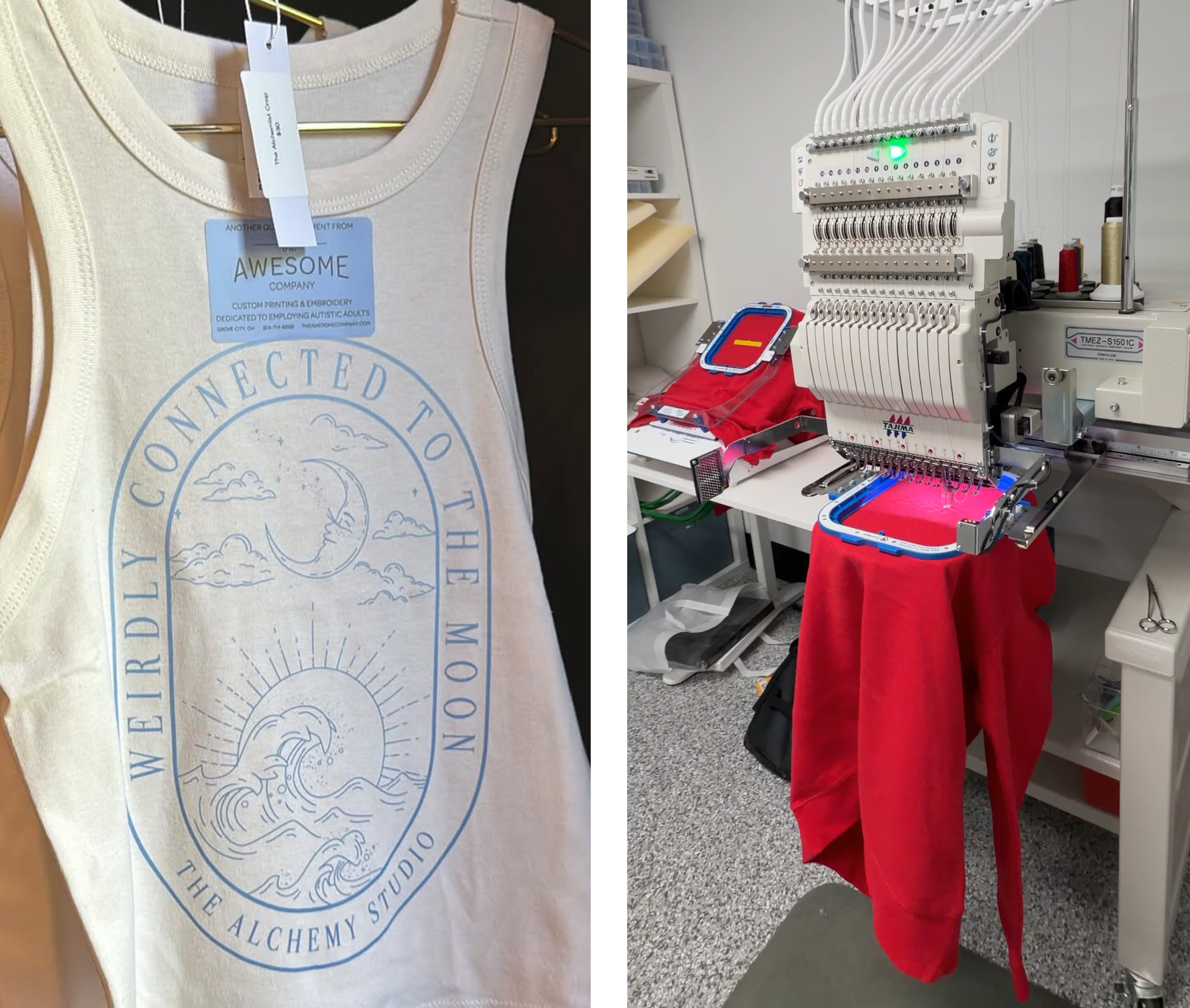 Printed T-shirt and red sweater getting embroidered, showing the difference between printing and embroidery