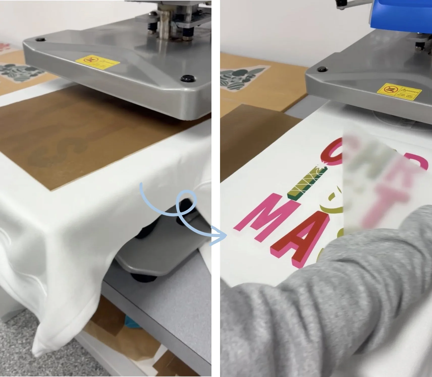 Guest using a heat press with staff guidance during a print party.