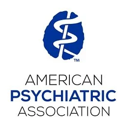 Logo of the American Psychiatric Association featuring a blue brain with a white medical caduceus symbol.
