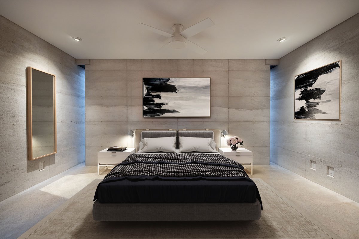 Bedroom featuring off-white Rammed Earth walls and natural linen bedding.