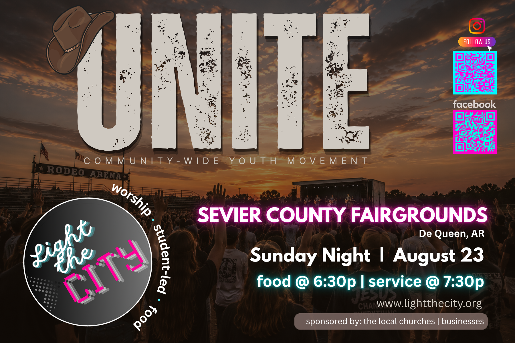 A large poster for an event called 'Light the City' featuring a background image of a sunset at an outdoor concert with a crowd raising their hands, titled 'JUTE' with a cowboy hat illustration, details about a community-wide youth movement, and event specifics at Sevier County Fairgrounds in De Queen, Arkansas on Sunday night, August 23, including food, service time, and social media QR codes.