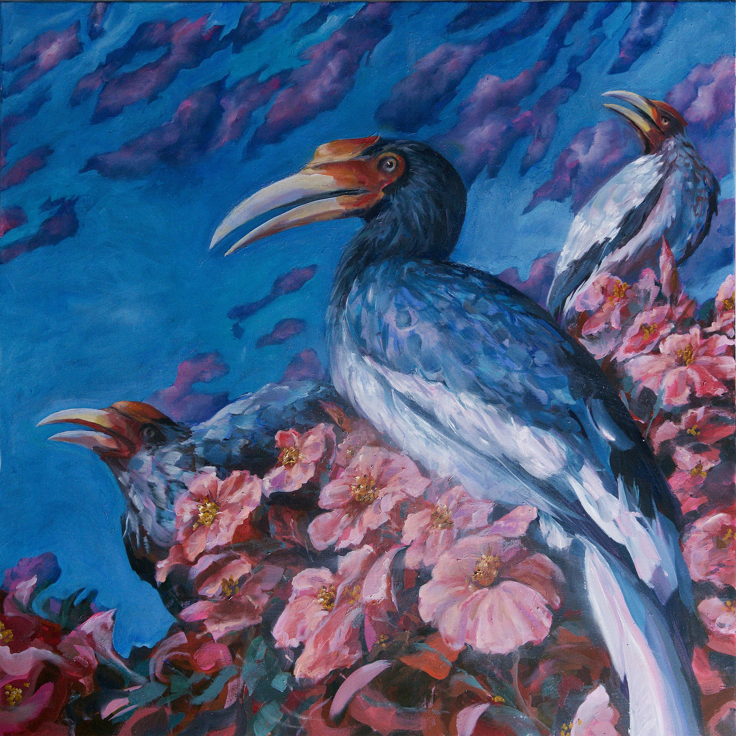 A painting of three hyacinth macaws perched among pink flowers against a blue sky background.