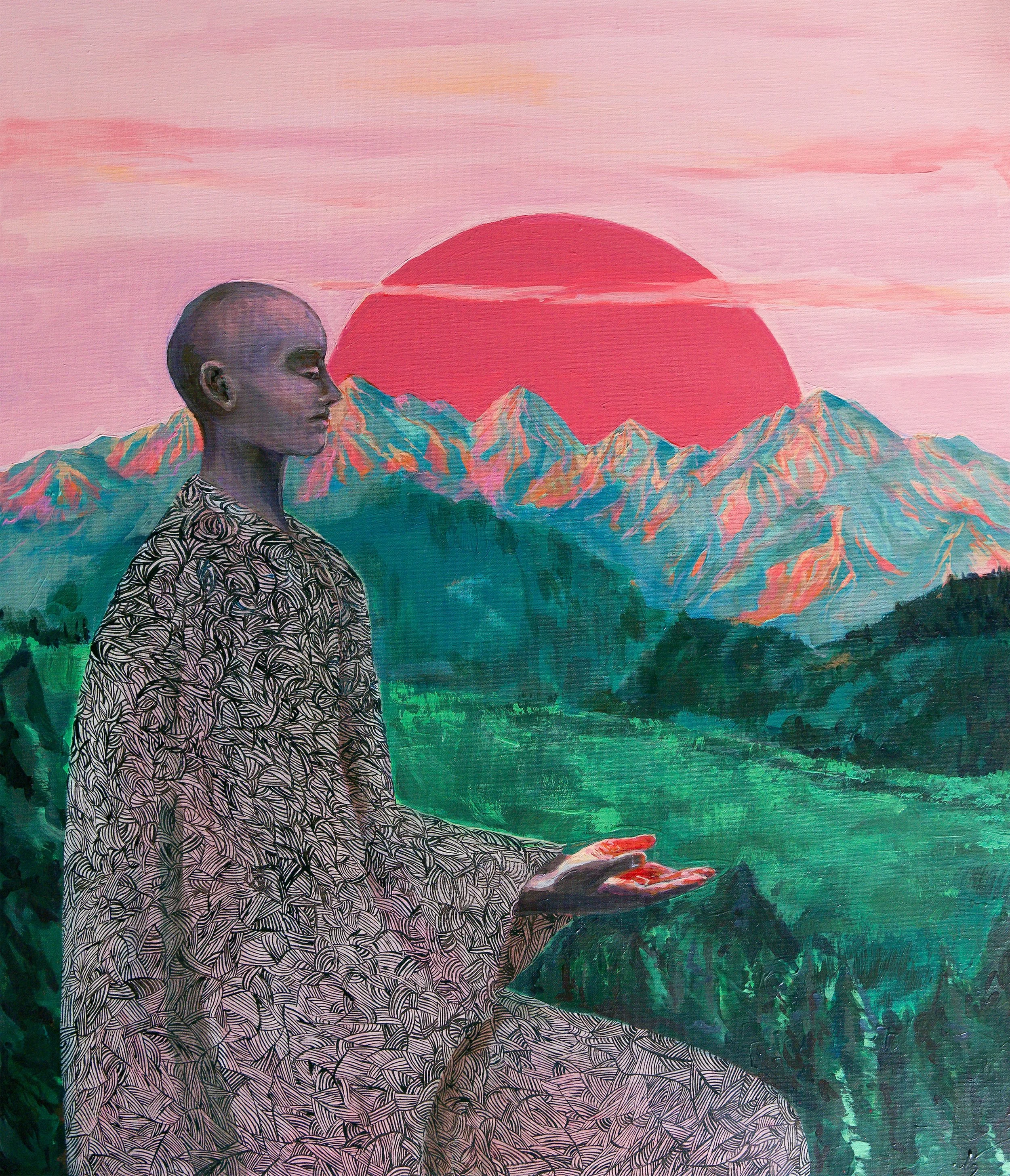 A digital painting of a person with a shaved head, wearing a patterned robe, sitting in a meditative pose with hands resting on knees, in front of a surreal landscape with green hills, blue mountains with pink highlights, and a large pink and red sun setting or rising behind the mountains, all in vivid colors.