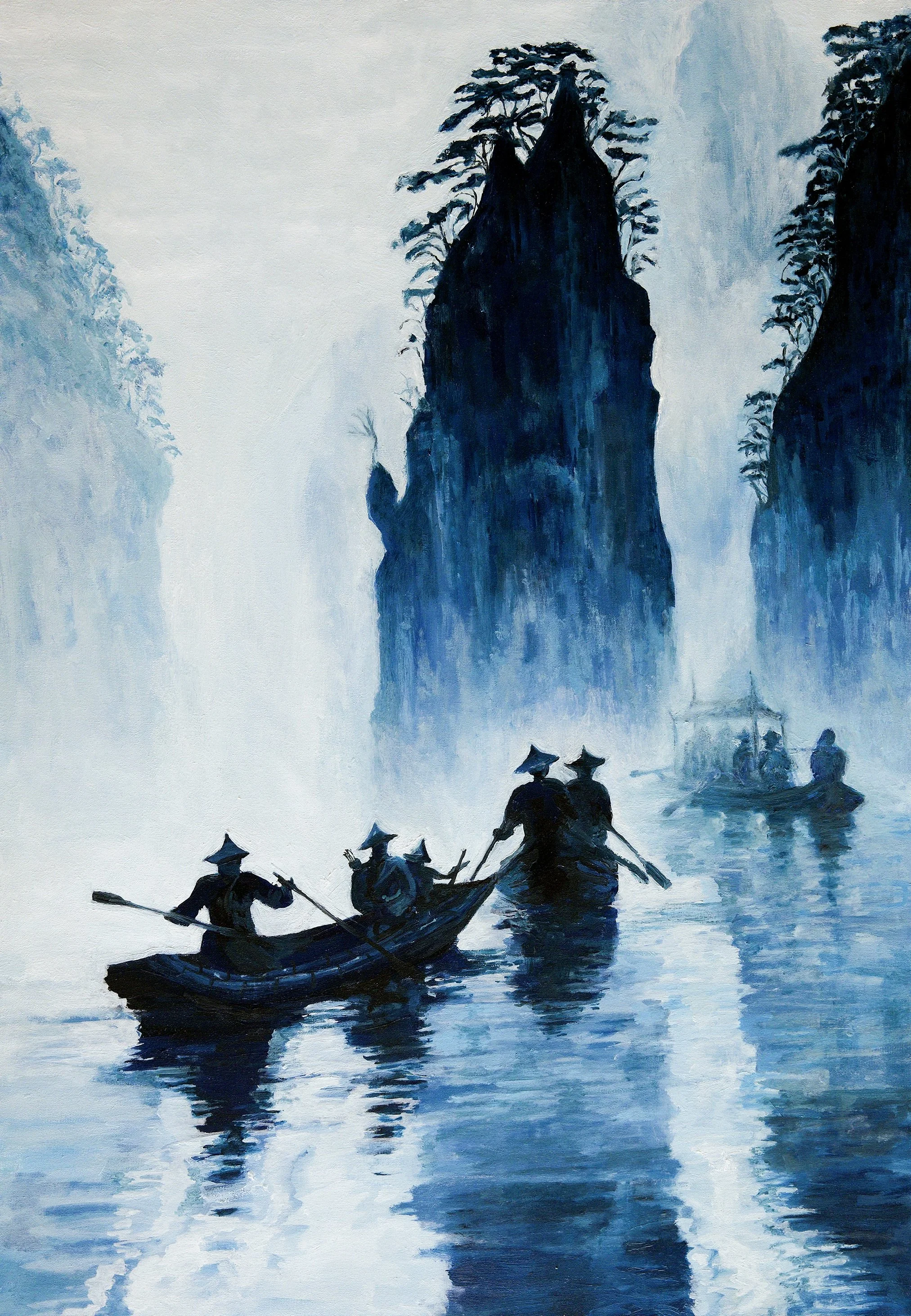 A traditional Chinese landscape painting showing five people in two boats navigating through a river surrounded by tall, mist-covered cliffs and mountains with trees on top.