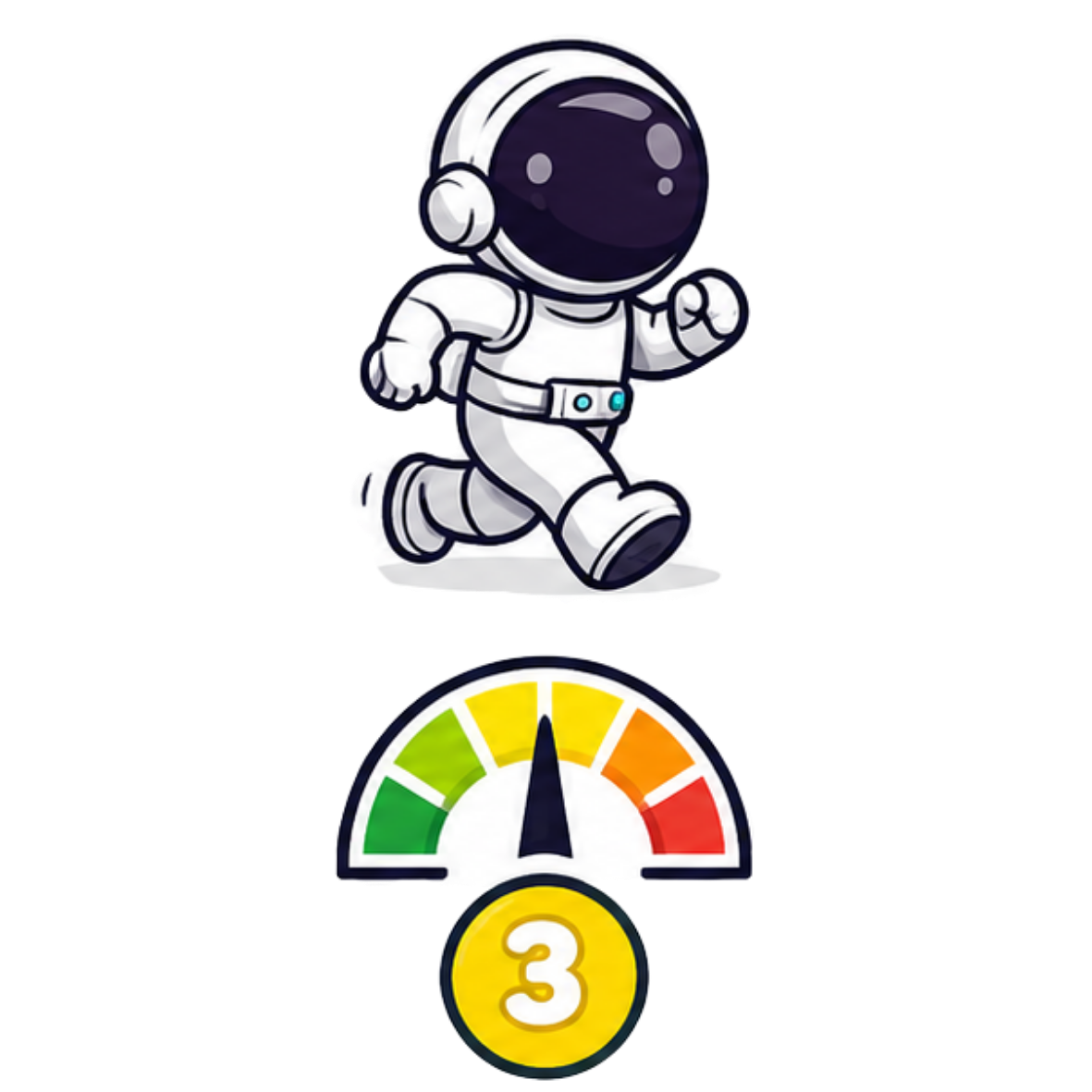 Cartoon astronaut running with a playful expression, a colorful meter showing level 3, and a yellow circle with the number 3.