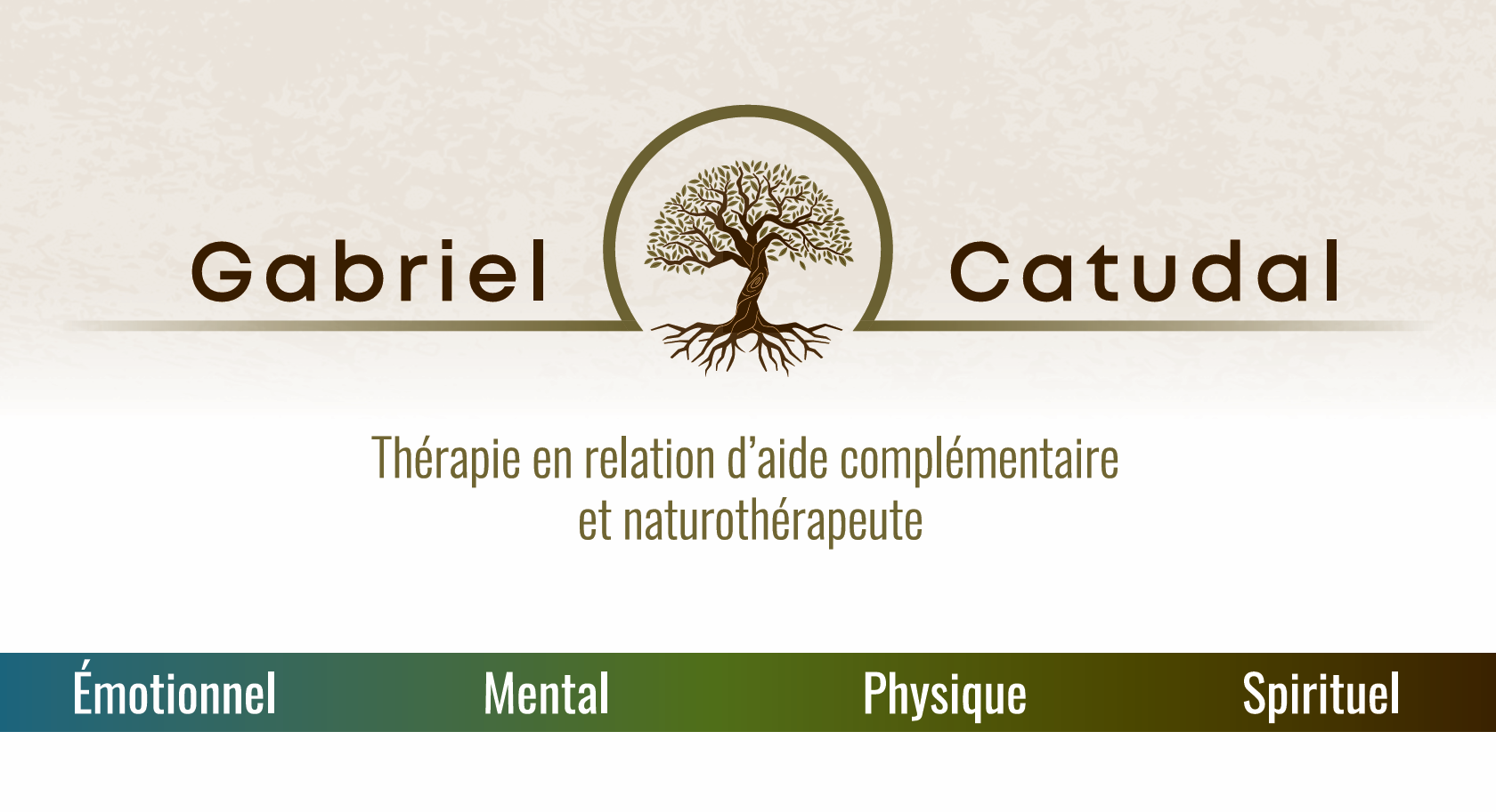 Logo de Gabriel Catudal, thérapeute en relation d'aide complémentaire et naturopathie, avec un arbre au centre, et des barres colorées représentant les dimensions émotionnelle, mentale, physique et spirituelle.