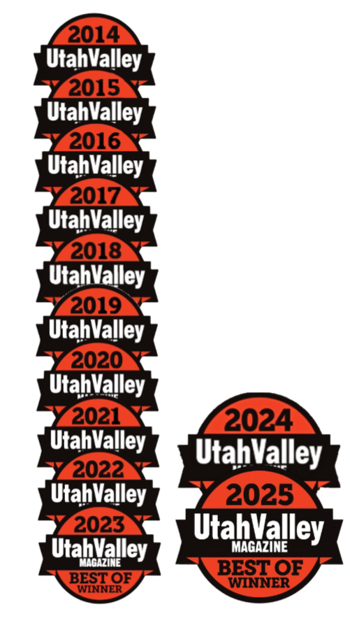 A series of Utah Valley Magazine cover badges from 2014 to 2025, including awards for Best of Winner in 2023 and 2025.