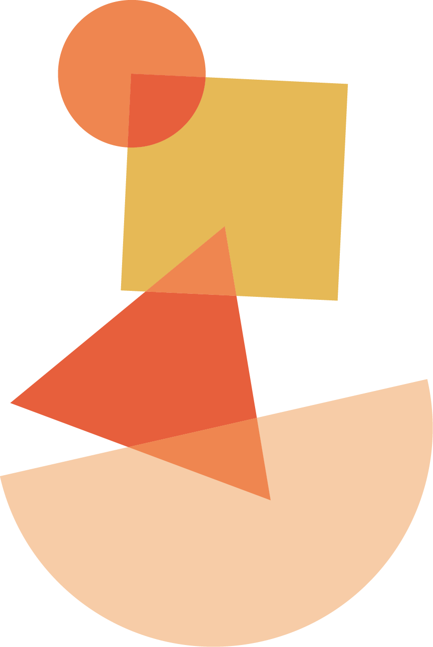 Abstract geometric artwork with overlapping shapes including a semicircle, square, triangle, circle, and semi-circle in shades of orange, yellow, and cream.