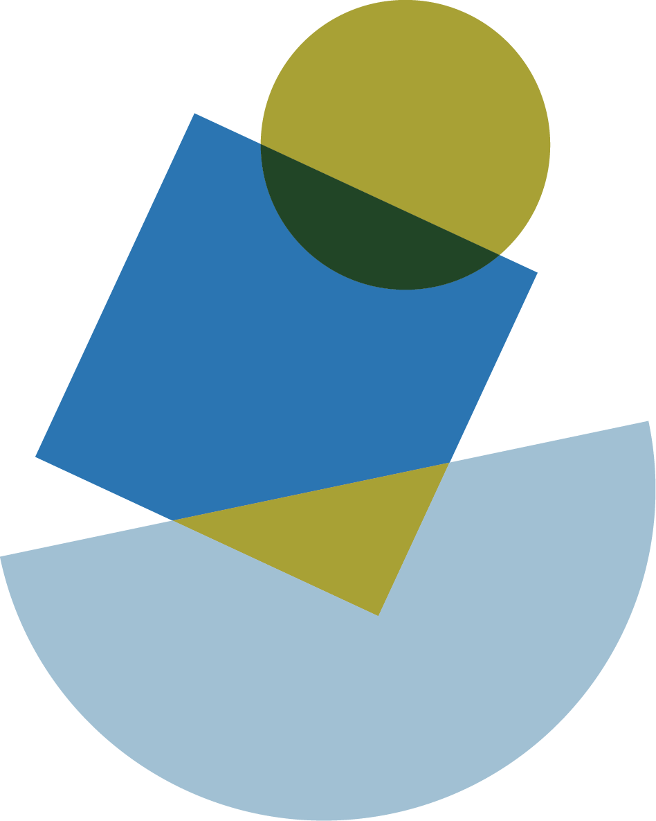 Abstract geometric composition with overlapping circles and rectangles in shades of light blue, green, and dark blue on a transparent background.