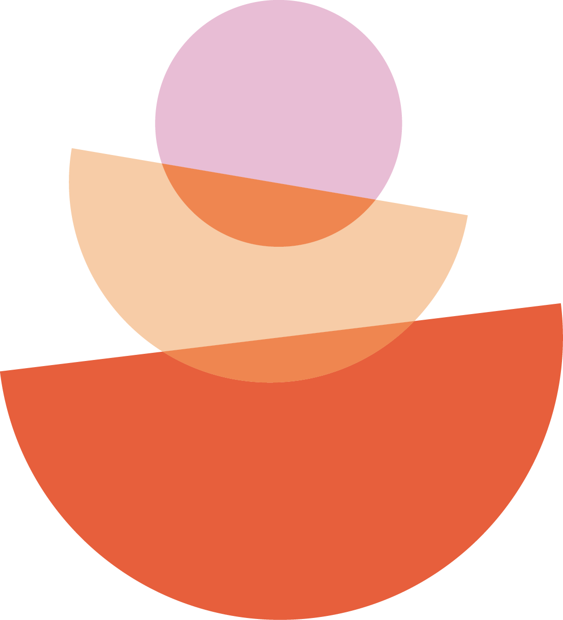Abstract geometric collage with overlapping semi circles in shades of purple, beige, orange, and red on a white background.