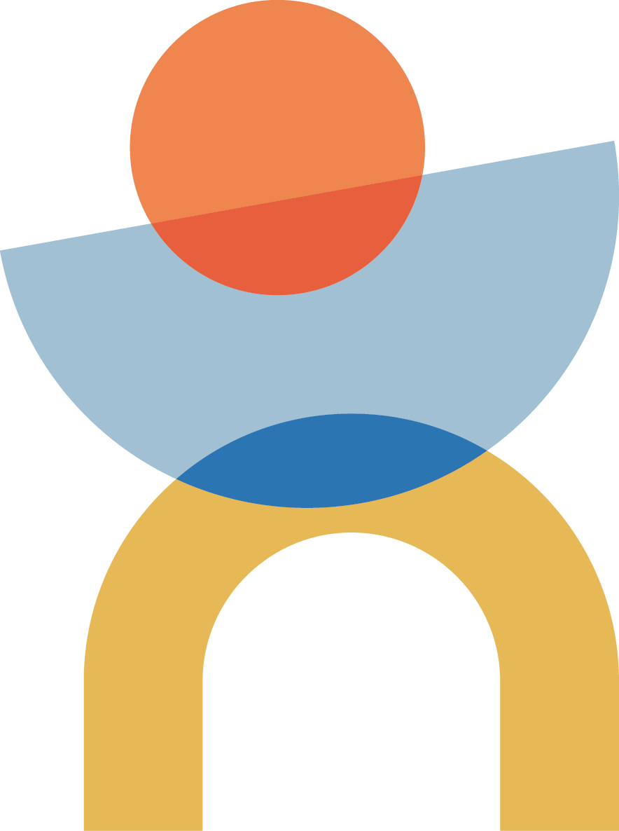 Abstract geometric design with overlapping semi-circles and a circle in orange, blue, red, and yellow colors.