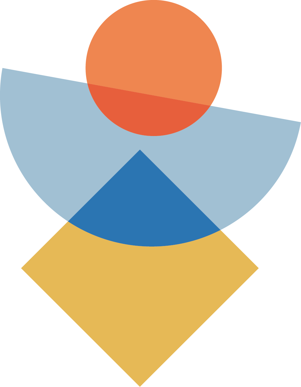 Abstract geometric artwork with a red-orange circle, light blue semicircle, blue triangle, yellow diamond, and white background.