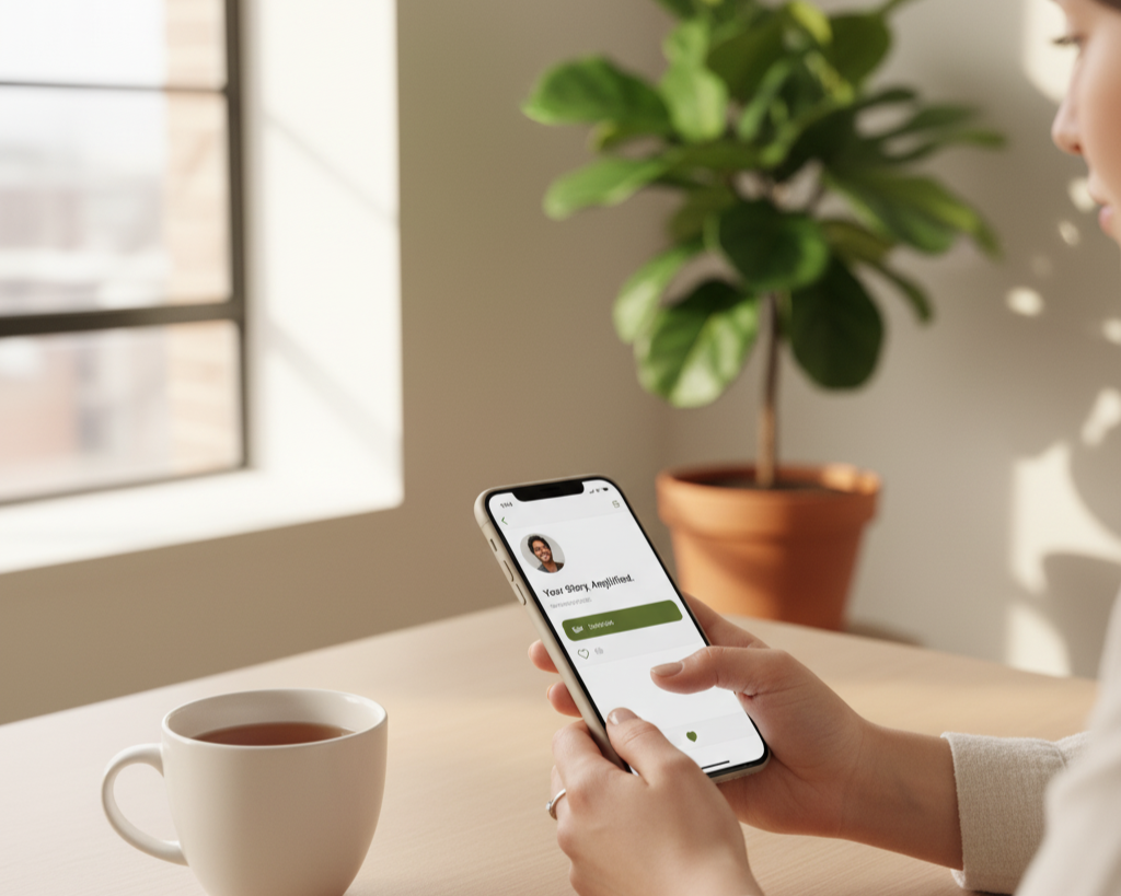 Person holding a smartphone displaying a messaging app with a chat to a woman, a white mug with tea or coffee, a potted plant in a terracotta pot, near a window with a view of a building.