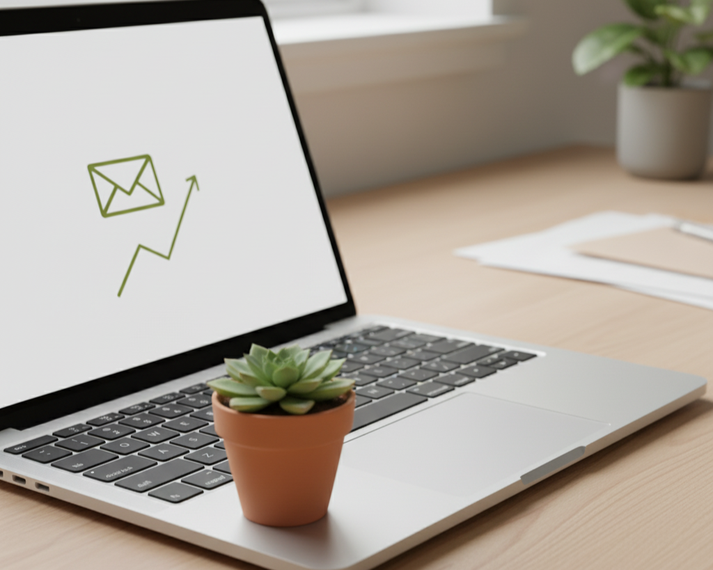 Laptop on a wooden desk displaying a green email icon with an upward trending arrow, with a small potted succulent plant in front and some papers in the background.
