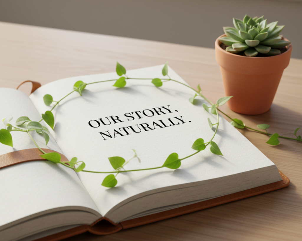 Open book with the text 'Our story, naturally' on the page, surrounded by a green vine, next to a potted succulent plant on a wooden surface.