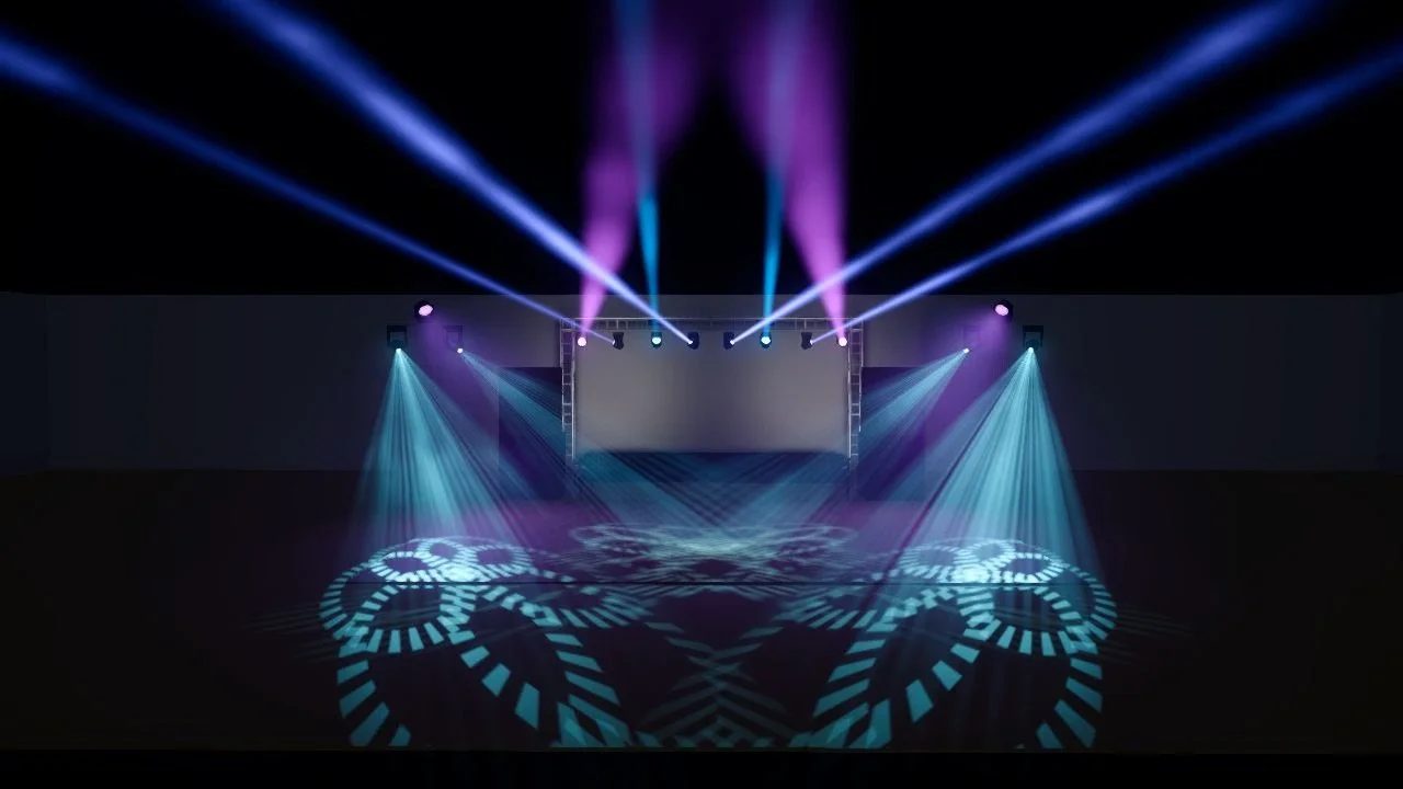 Visual rendering of a stage for a concert or event with an LED screen in the middle and colorful lighting projecting into the air and onto the ground in front of the stage.