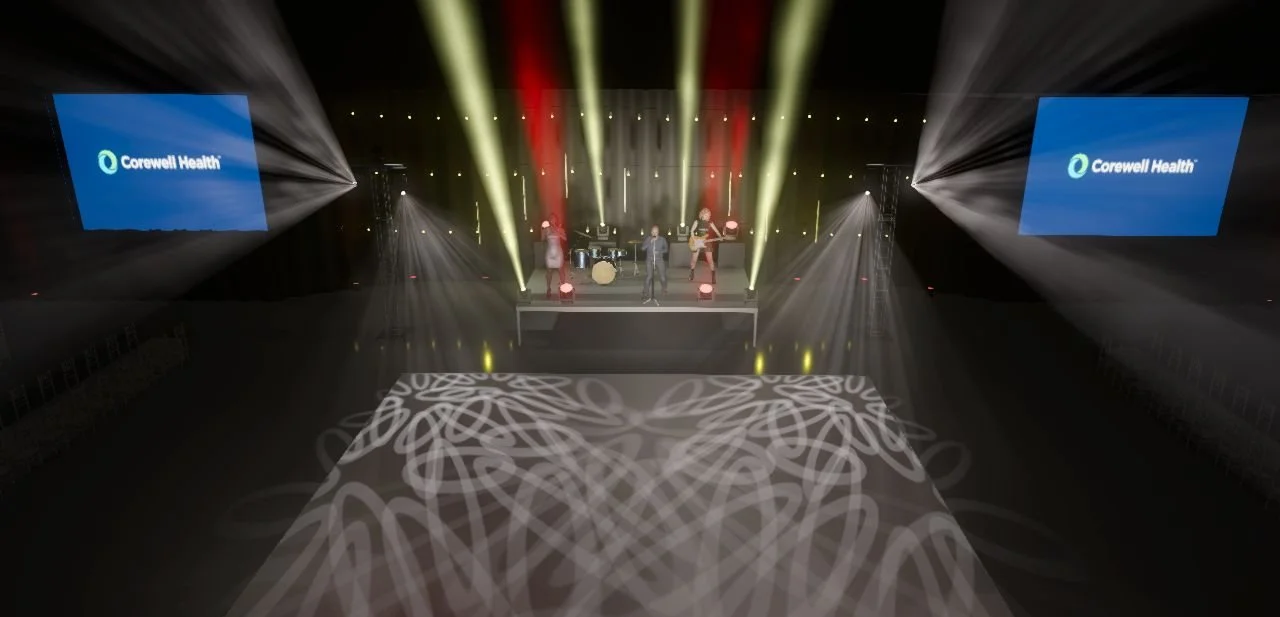 Rendering of an Indoor stage for a corporate conference event showing a musical band performing, colorful lights and traffic pattern projection on the floor, two large LED screens displaying the company logo.