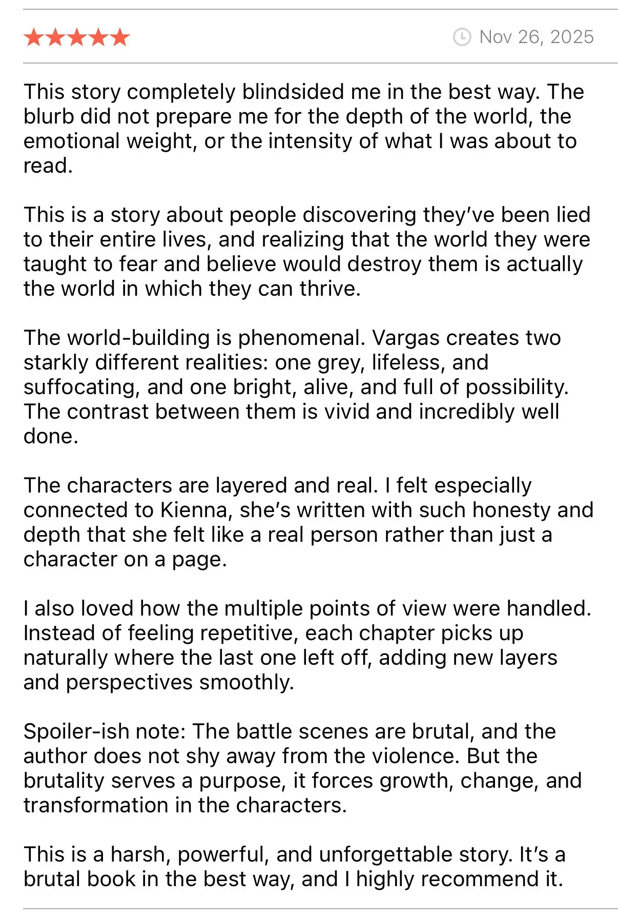 A screenshot of a book review with a 5-star rating, dated November 26, 2025. The review praises the book for its emotional depth, layered characters, multiple points of view, and powerful story about violence, growth, and transformation.