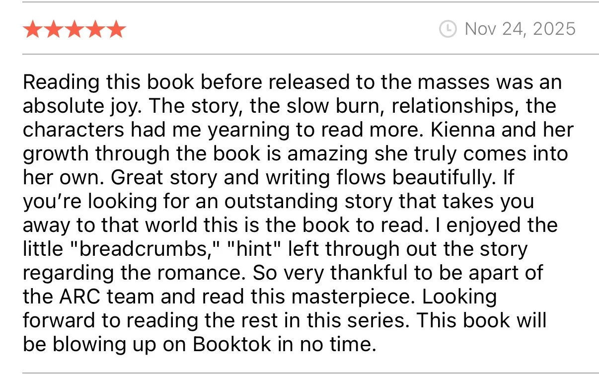 Screenshot of a book review with five red stars, dated November 24, 2025, expressing high praise for a romance novel.
