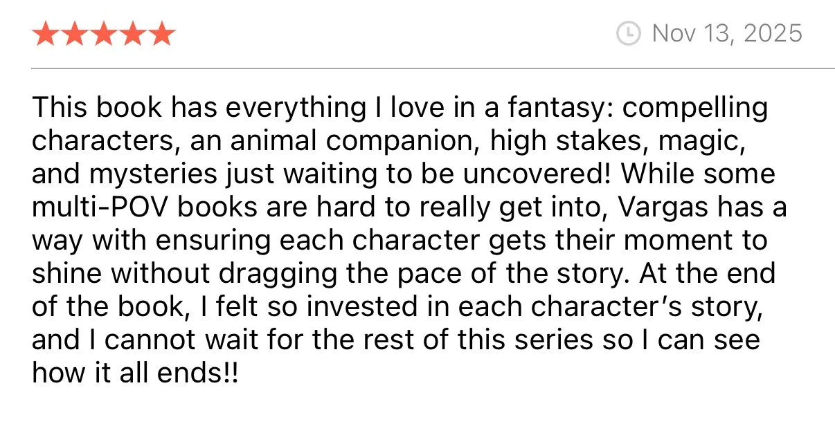Customer review with five stars, date November 13, 2025, praising a fantasy book with compelling characters, animal sidekick, magic, and mysteries; mentions positive writing style and engaging storytelling throughout the series.