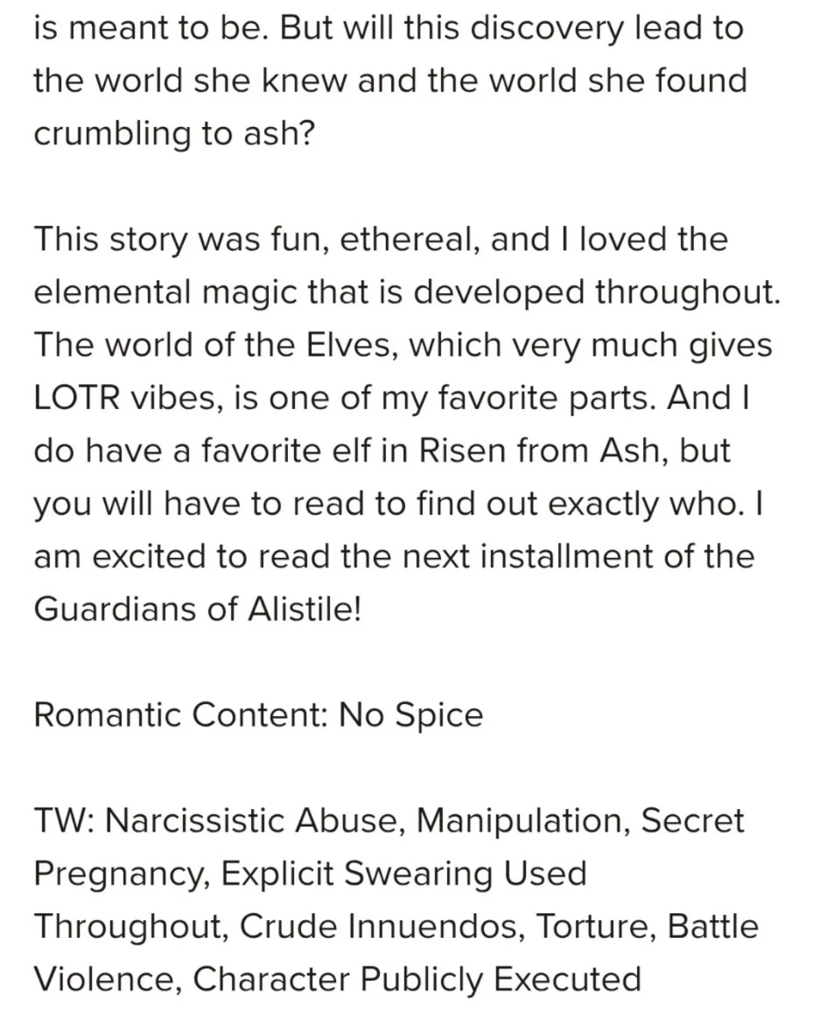 A block of text discussing a story involving elves, Ash, and the Guardians of Alistile, with mentions of Lord of the Rings vibes, Risen elves, and a warning about content including narcissistic abuse, manipulation, and other sensitive topics.
