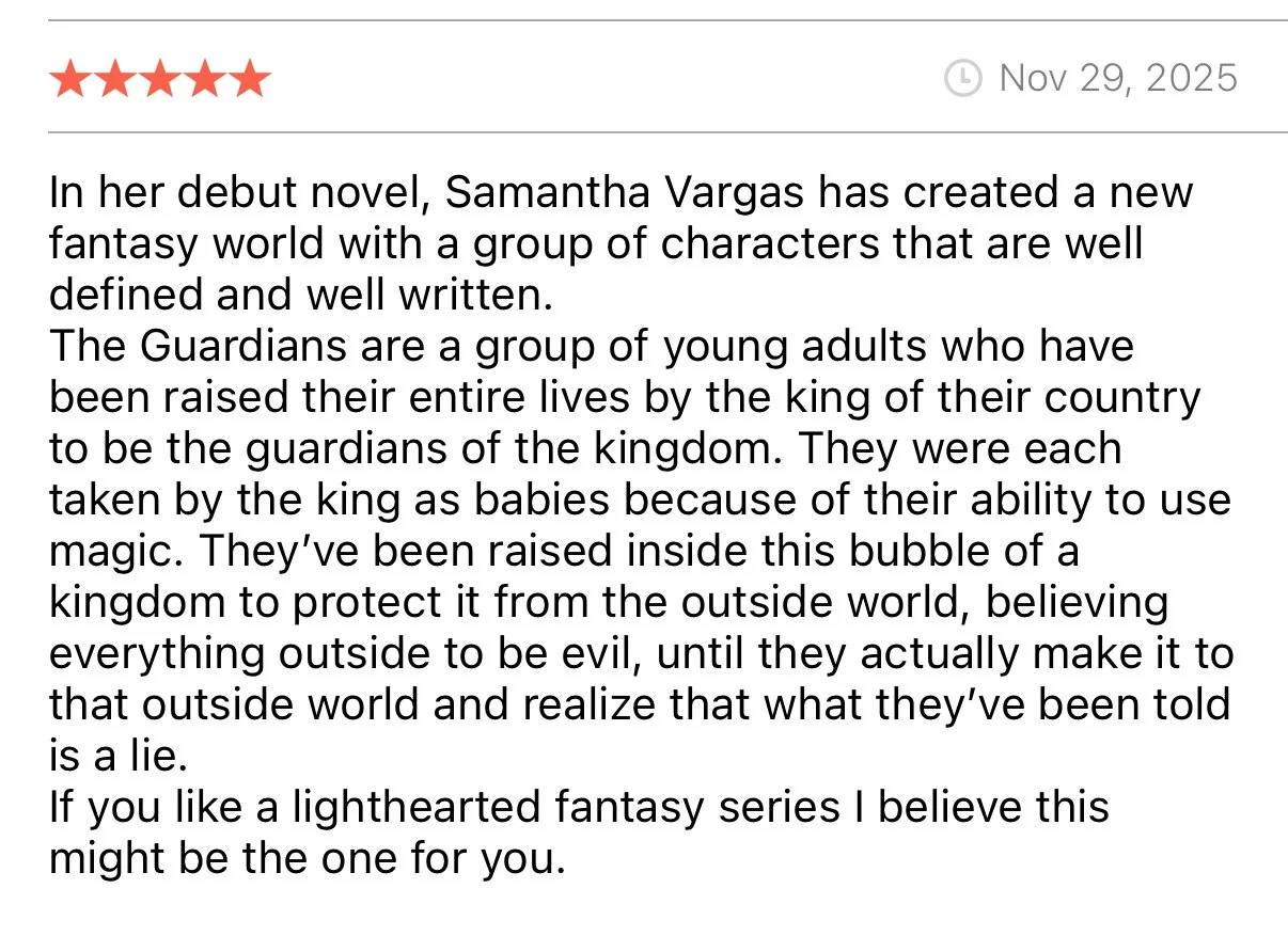 Book review with a five-star rating, date November 29, 2025, describing a fantasy novel about guardians raised by a king to protect a kingdom from outside evil.