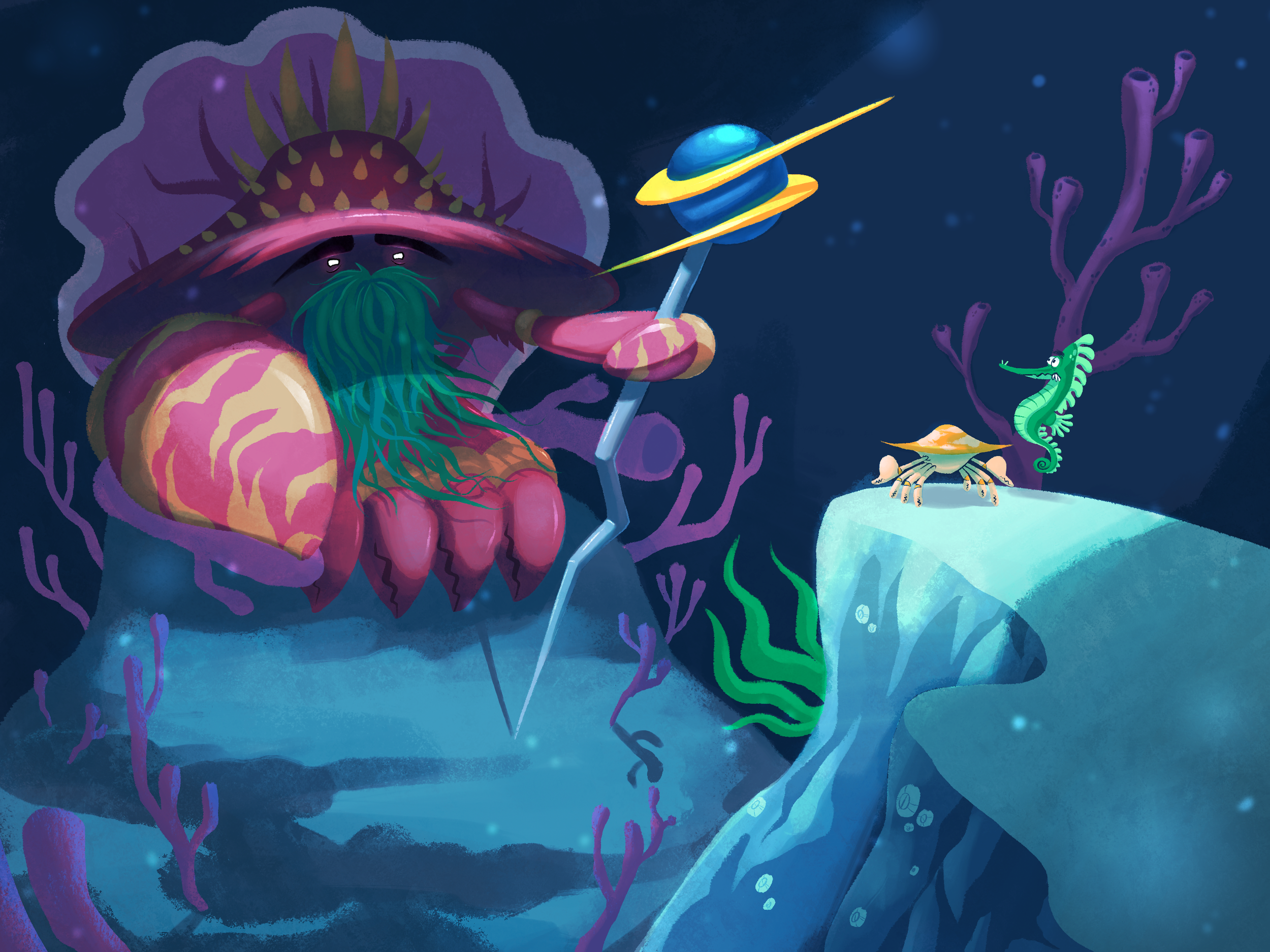 Animated underwater scene featuring a giant creature with a hat, long beard, and pink body, holding a staff topped with a planet. There are various small sea creatures, including a seahorse, crab, and a seashell, on a rock. Purple coral surrounds the scene.