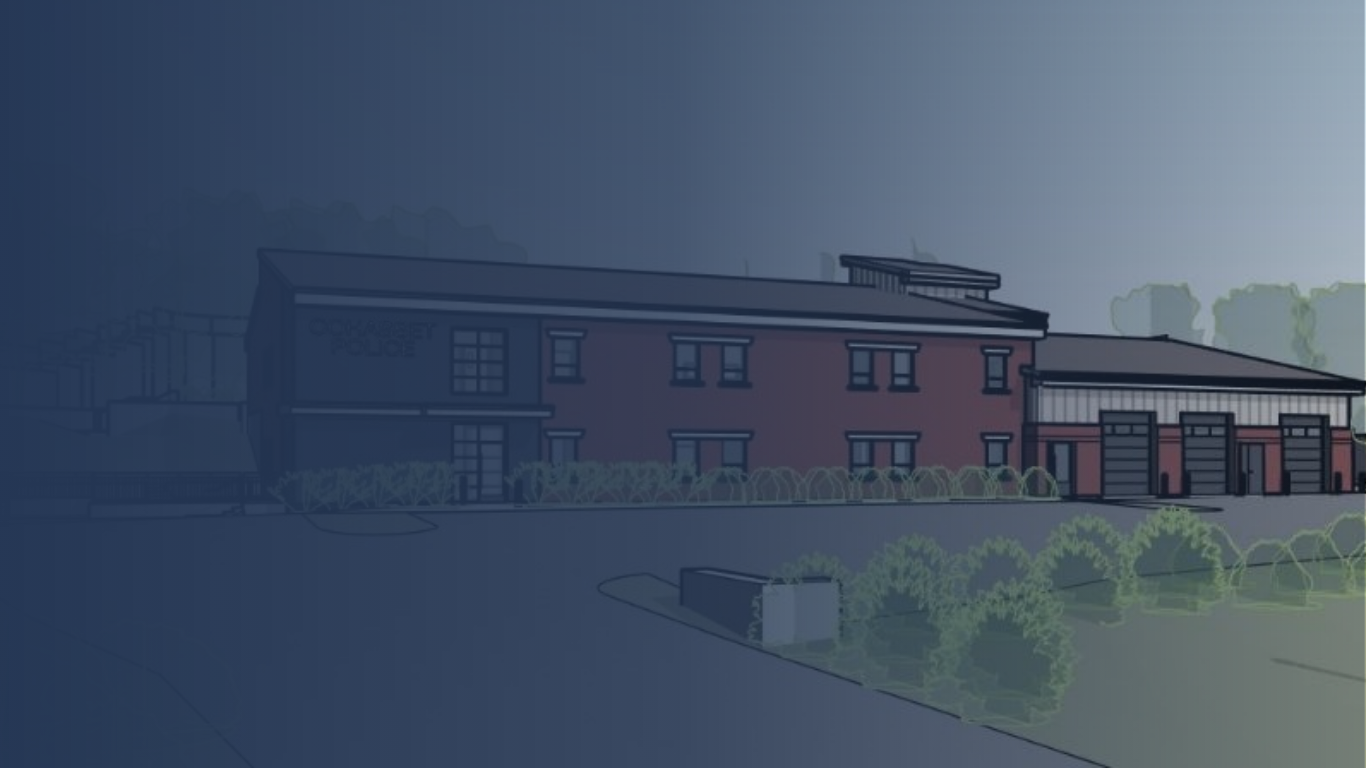 Architectural illustration of a modern brick building with multiple garage doors and surrounding landscaping.