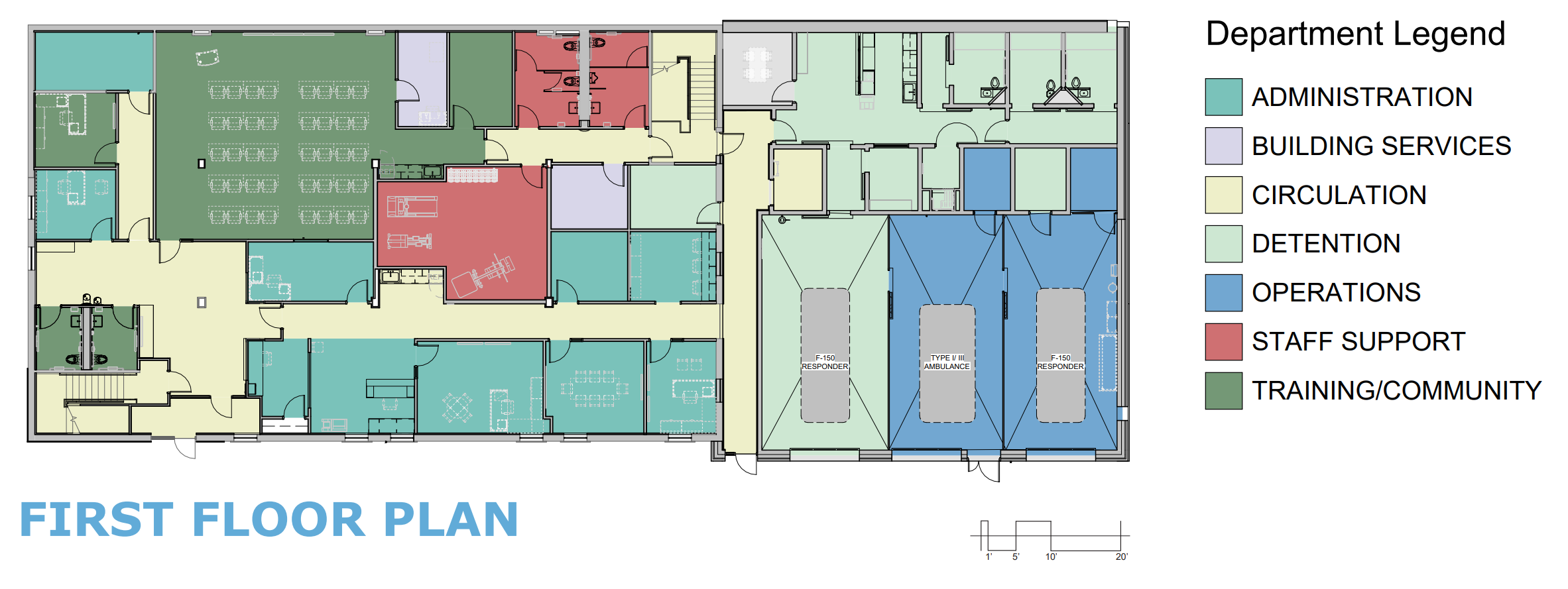 Floor plan of a building showing various departments and rooms color-coded according to a legend. The departments include administration, building services, circulation, detention, operations, staff support, and training/community.