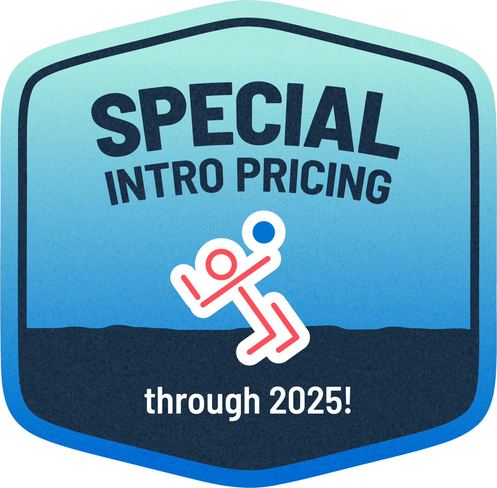 Badge with a blue background, text that reads 'Special Intro Pricing through 2025!', and an icon of a person in a red outline.