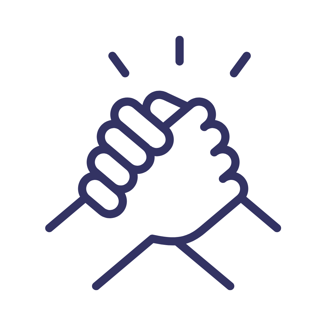 Outline of two hands shaking with lines radiating from the top, symbolizing cooperation or partnership.