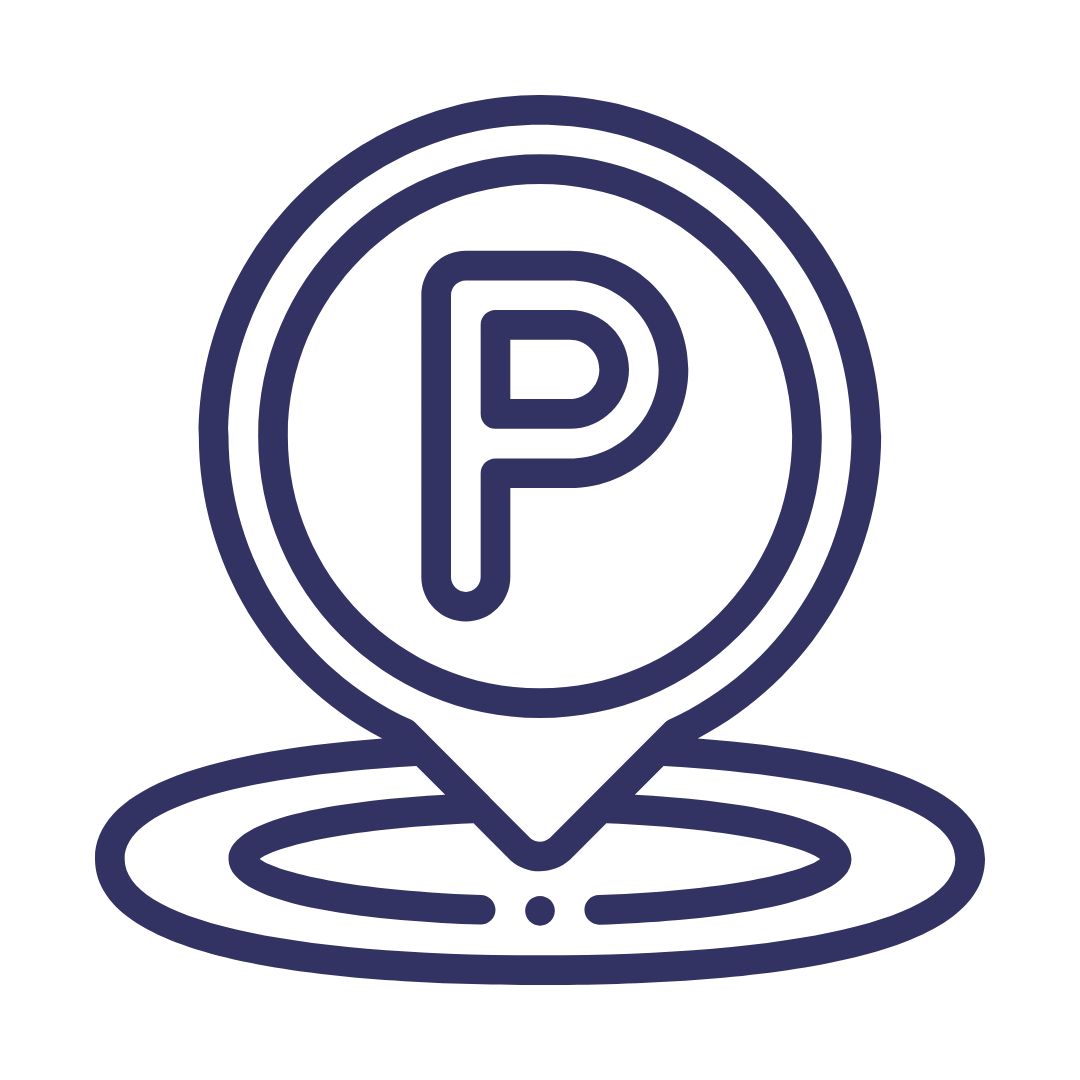 Outline of a parking location pin with a "P" symbol inside, indicating a parking spot.