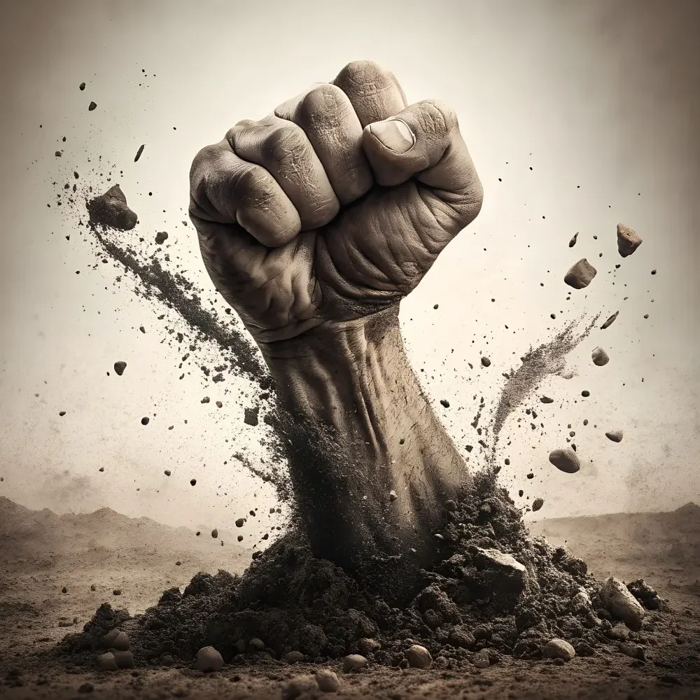 A fist breaking through the ground