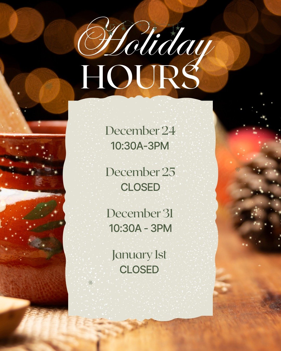 The holidays are here! 🎄
We&rsquo;ll be operating on adjusted hours so our Sub Station family can enjoy the season. Thank you for dining with us and celebrating with us&mdash;&iexcl;Felices Fiestas! ☃🌶