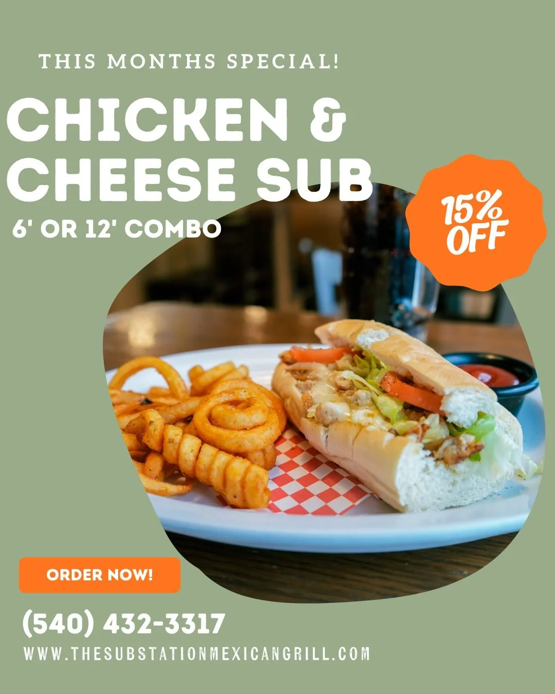 Another special for January! Chicken &amp; Cheese Sub Combo. 6 inch or 12 inch sub combo
Tag your food buddy and see you guys at the Sub Station 🌶🌮

💻 Visit our website &amp; Order Online at: www.thesubstationmexicangrill.com
📍 3257 South Main St