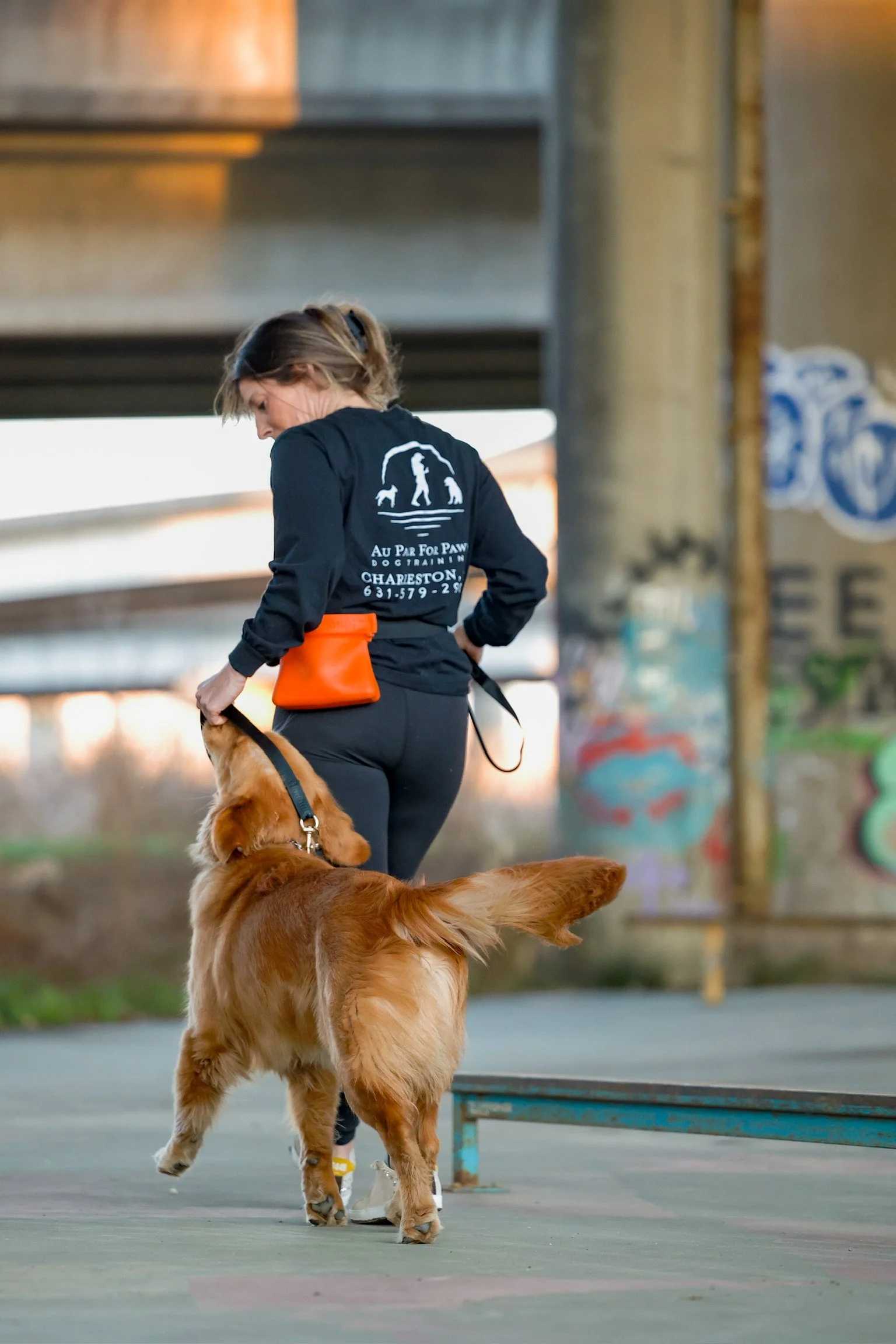 A woman with shoulder-length hair wearing a black hoodie with a logo on the back, walking a golden retriever dog on a leash under a bridge with graffiti on the pillars, in an outdoor urban setting during daytime or early evening.