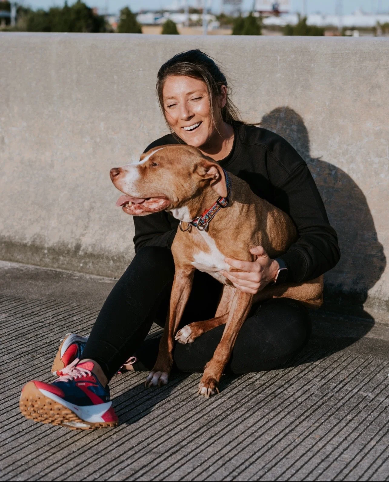 A woman sitting on a concrete surface, hugging a large brown and white dog, with city buildings and a cloudy sky in the background.