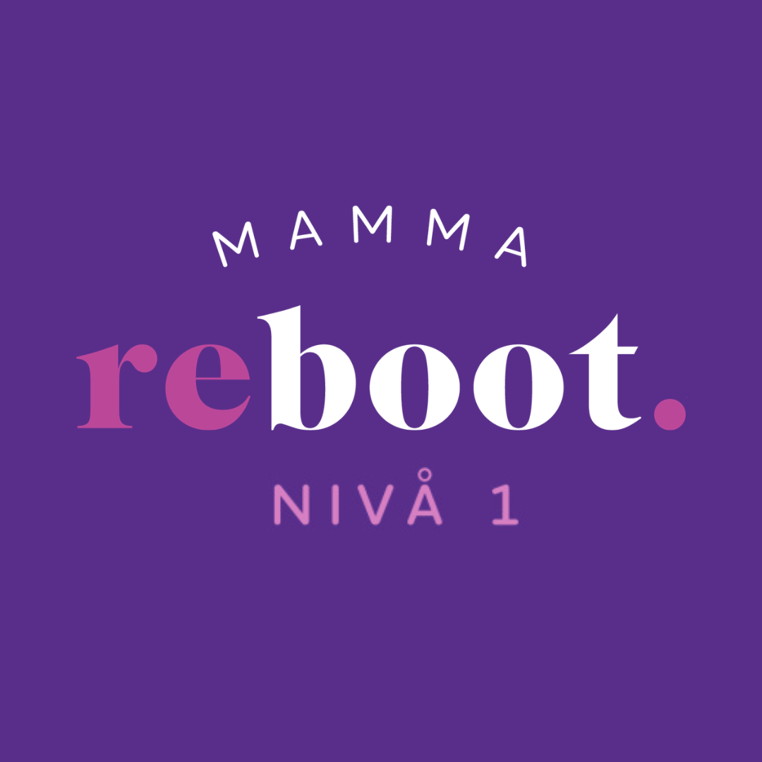 Textbanner med lila bakgrund som säger 'MAMMA reboot. Nivå 1' i olika storlekar och färger.