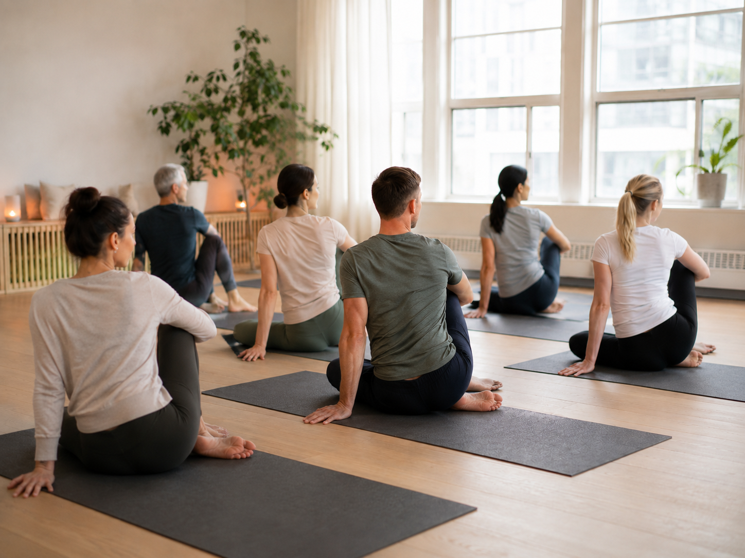 Grupp yogaövande personer på matta i ett ljust rum med stora fönster och växter.