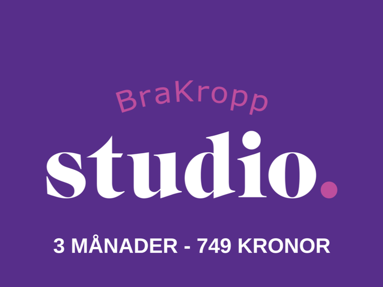 Lila bakgrund med text om erbjudande för studion. Texten inkluderar 'Brakropp studio', '3 månader - 749 kronor'.