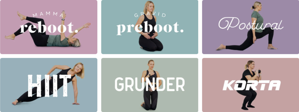 En collage av sex bilder av kvinnor som utför olika träningsövningar, varje bild har ett ord på svenska som beskriver träningen, inklusive 'MAMMA reboot', 'GRAVID preboot', 'Postural', 'HIT', 'GRUNDER', och 'KORTA'.