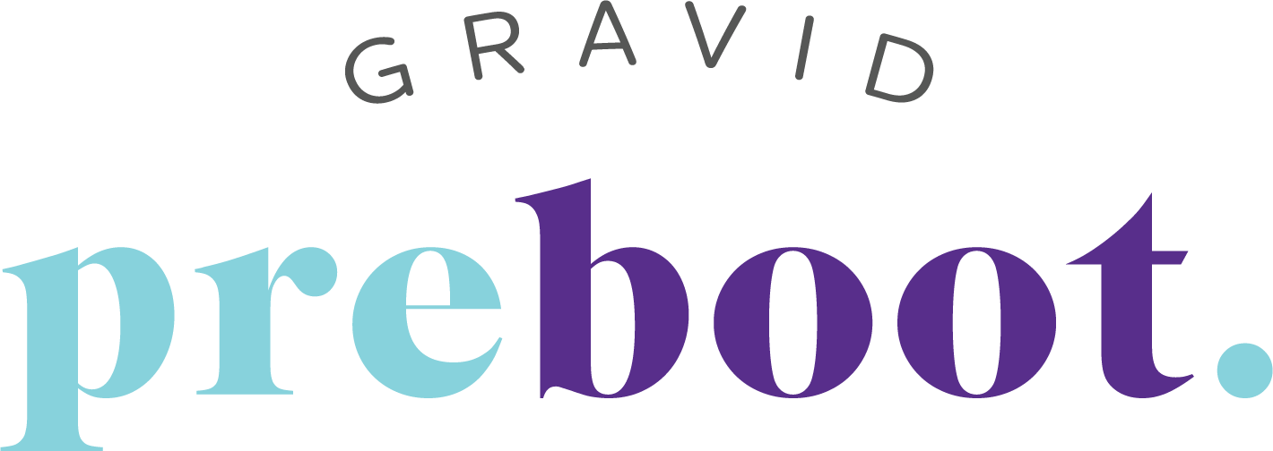 Ordskriftbild med orden 'preboot' i stora bokstäver och 'GRAVID' i mindre bokstäver ovanför, på svart bakgrund.