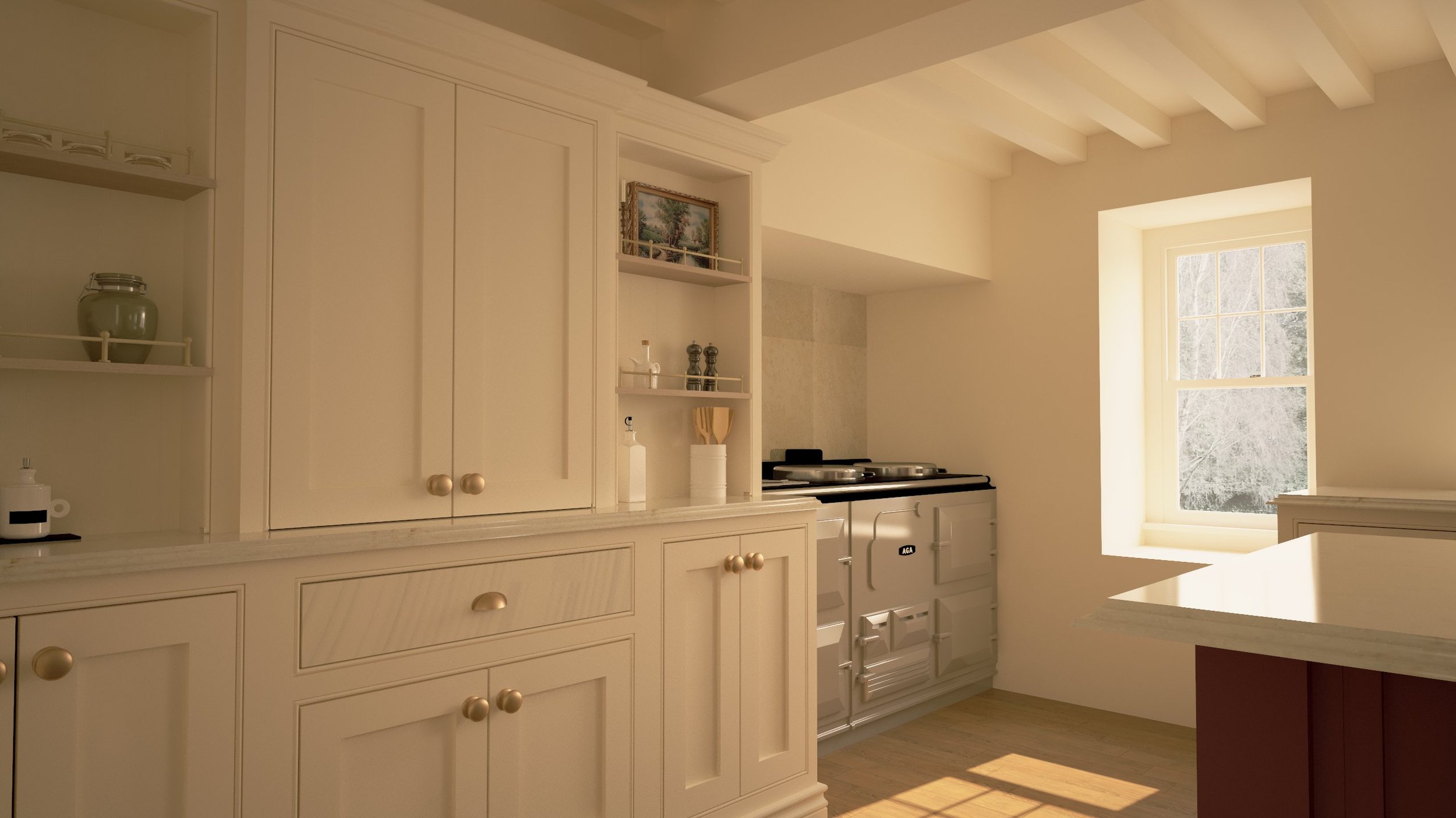 A bright kitchen with white cabinets and a window allowing natural sunlight. There is a stove and a countertop in the corner.
