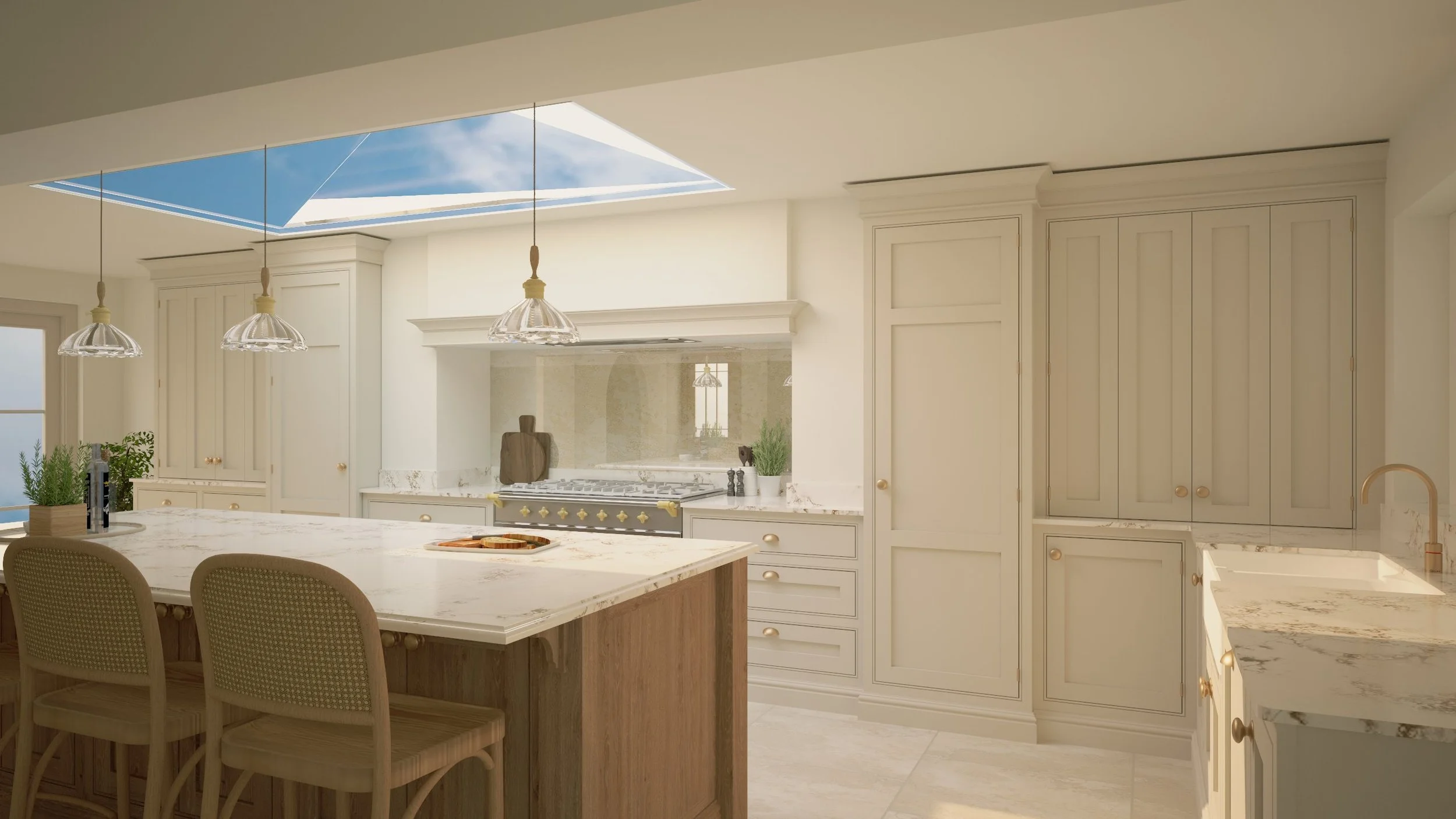 Bright modern kitchen with a skylight, white cabinetry, marble countertops, and a kitchen island with seated barstools.