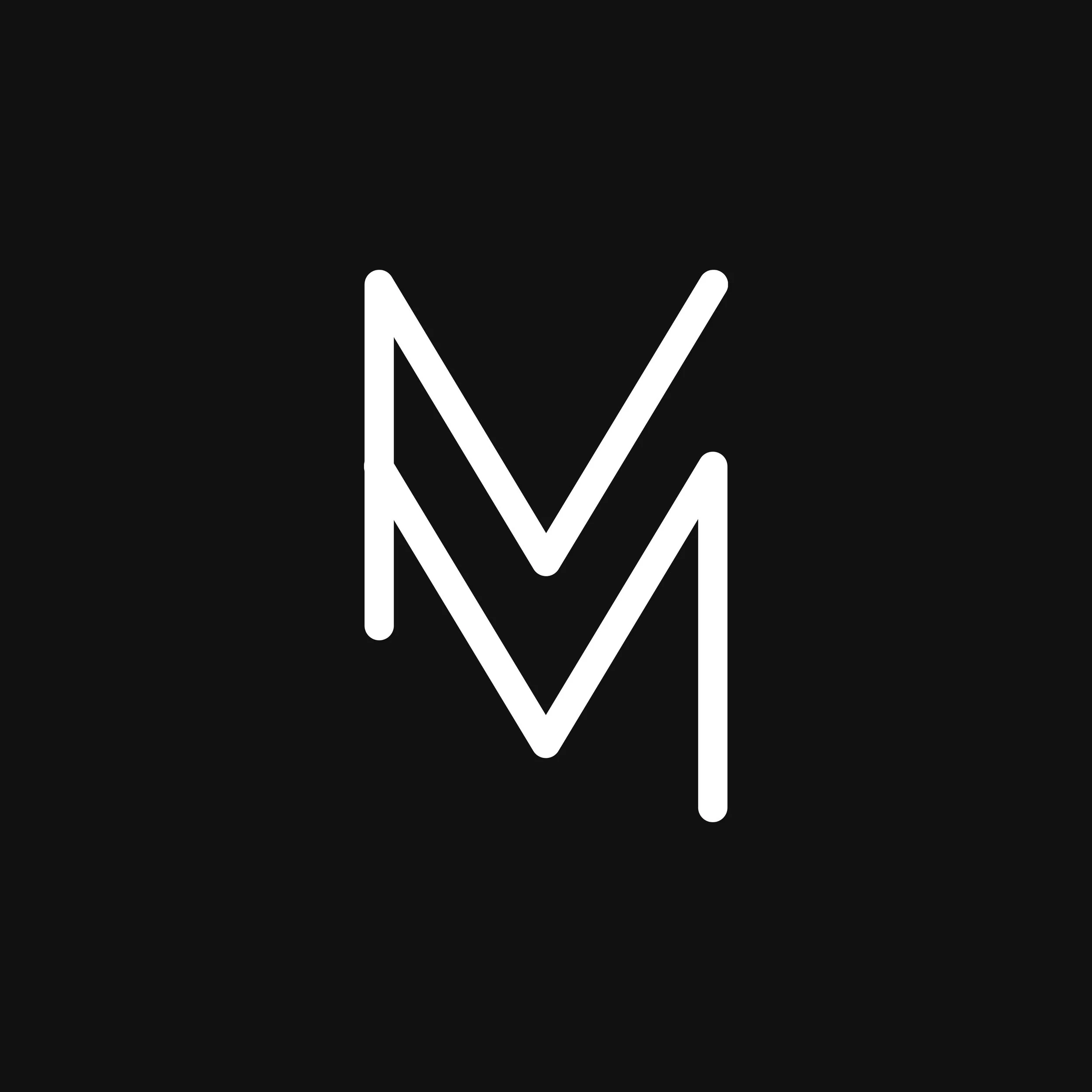 White neon logo on black background with overlapping stylized 'V' and 'M' letters.