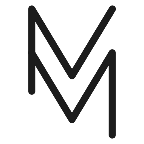 A stylized logo with overlapping black lines forming a layered 'M' shape.
